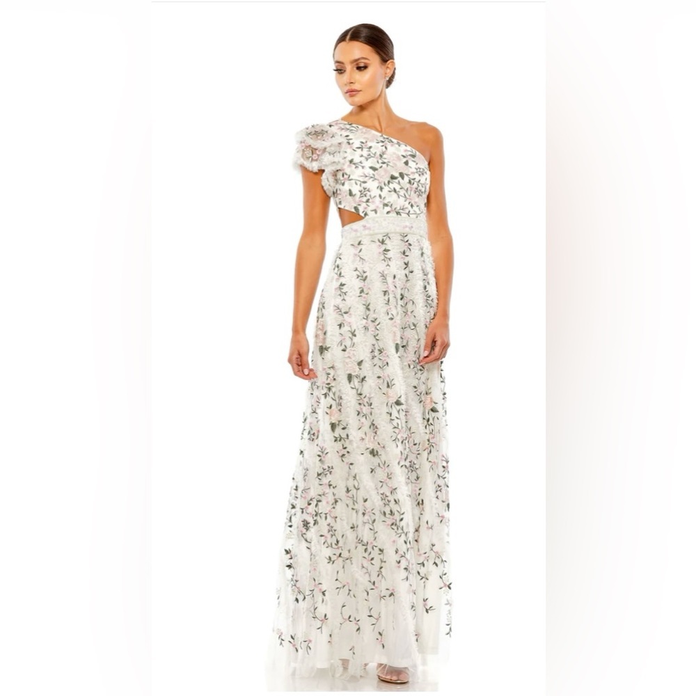 Mac Duggal NWT Embroidered Ruffle One Shoulder Lace Up Gown Garden size6…